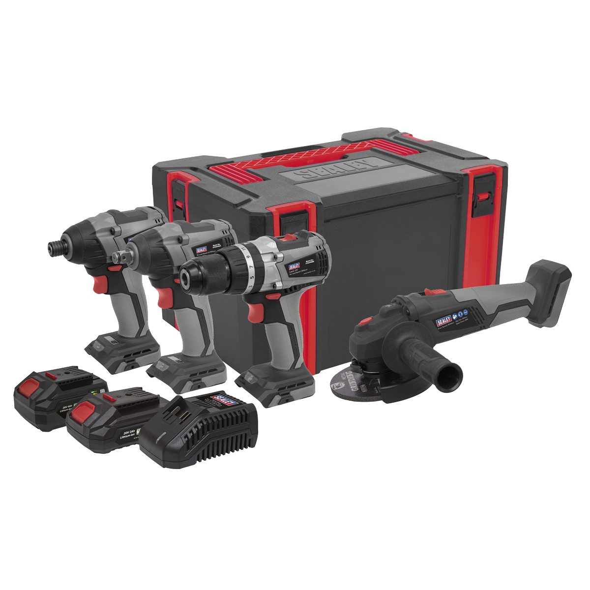 20V BRUSHLESS TOOL KIT, 1/2" IMPACT & DRIVER, DRILL, GRINDER, 2x BATTERIES