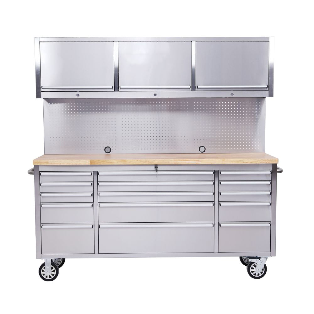 72" Stainless Steel 15 Drawer Tool Chest with Solid Wooden Top, 3 Upper Cabinets and Peg Board