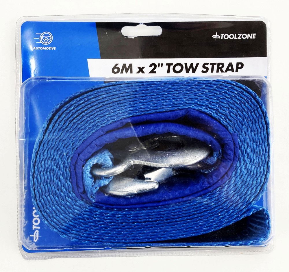 TOW STRAP 2" x 6m 3tonne WITH STEEL HOOKS - TOOLZONE KDPAU322