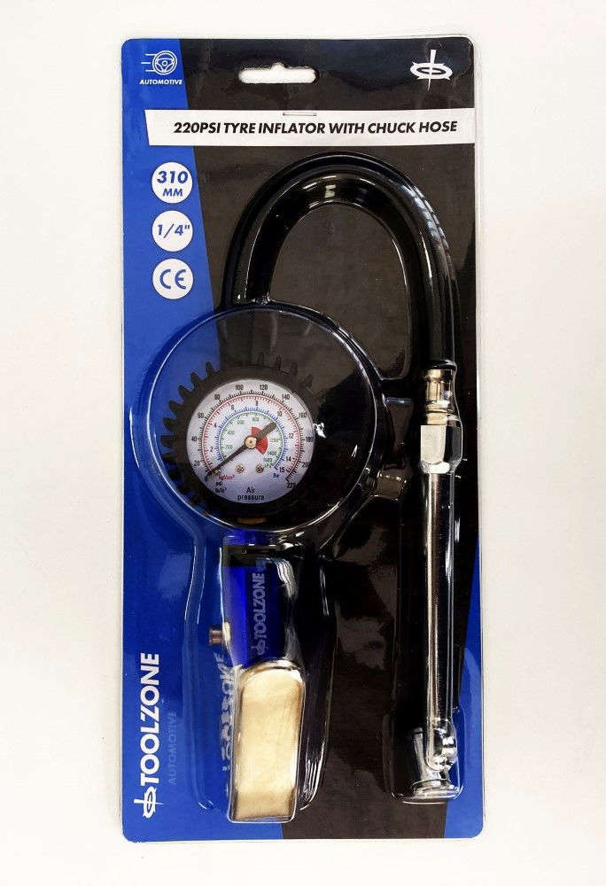 TYRE INFLATOR WITH CHUCK HOSE 220psi 1/4" AIR INLET 310mm HOSE - TOOLZONE KDPAU361