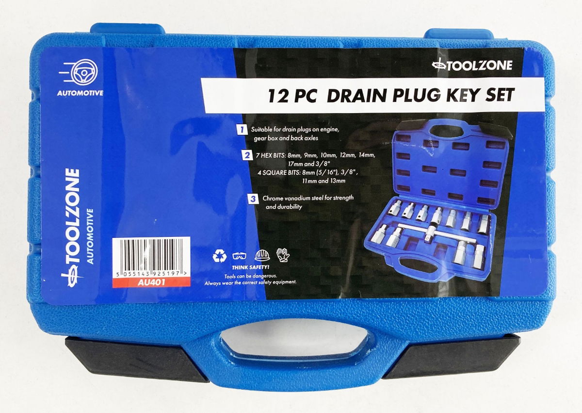 DRAIN PLUG KEY SET 12pc HEX AND SQUARE BITS - TOOLZONE KDPAU401