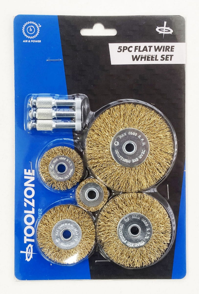 FLAT WIRE WHEEL SET FOR DRILL 5PC 25-75mm 1/4" SHANK - TOOLZONE KDPDR171