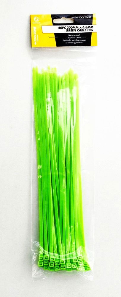 CABLE TIES 40PC 12" GREEN 4.8mm WIDE NYLON 40 - TOOLZONE KDPEL124