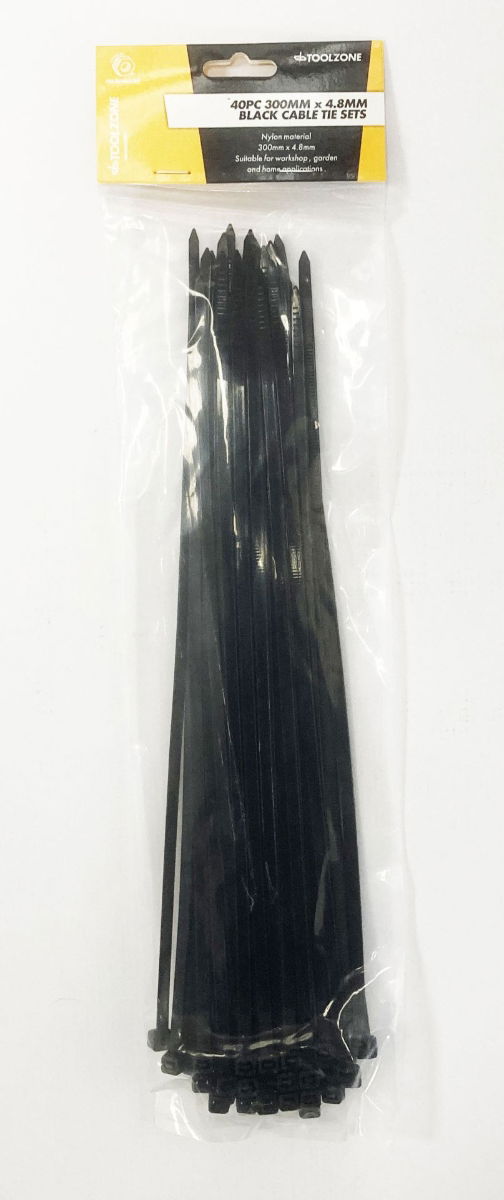 CABLE TIES 40PC 12" BLACK 4.8mm WIDE NYLON 40 - TOOLZONE KDPEL128