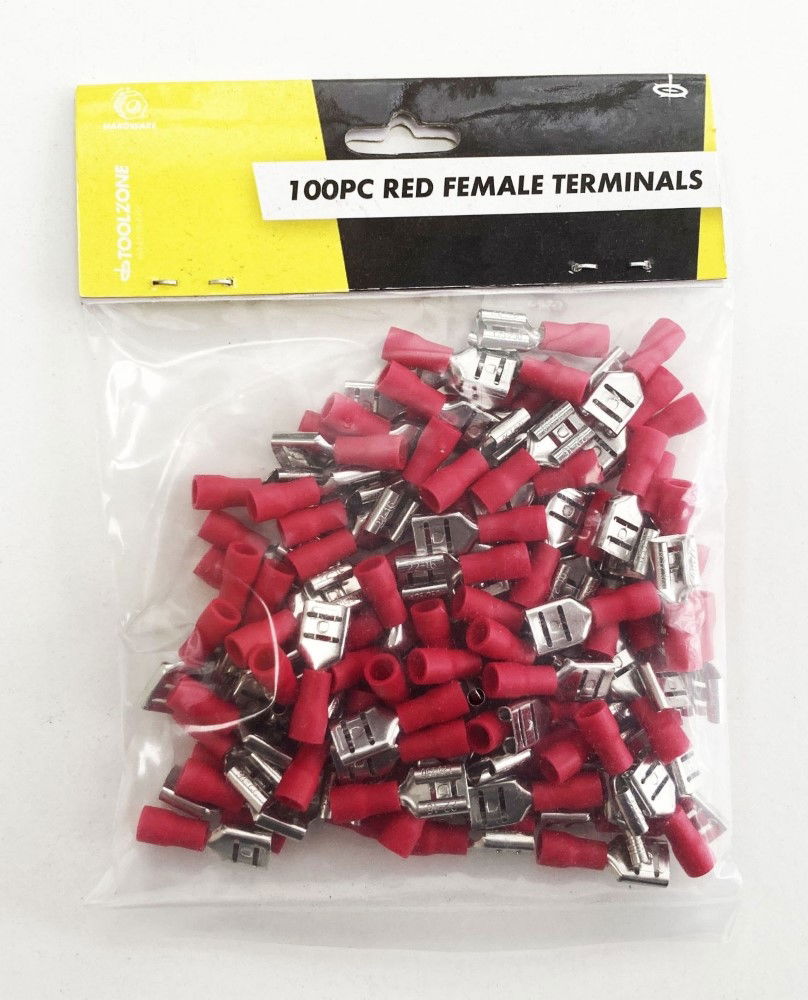 FEMALE TERMINALS 100PC RED SEMI INSULATED 22-16 awg 7.4mm x 0.4mm - TOOLZONE KDPEL137
