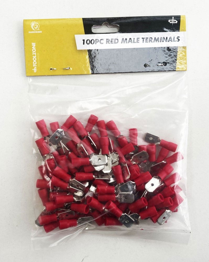 MALE TERMINALS 100PC RED SEMI INSULATED 22-16 awg 6.3mm x 0.4mm - TOOLZONE KDPEL138