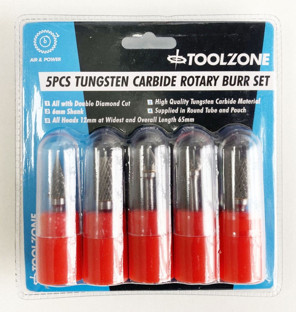 ROTARY RASP TUNGSTEN CARBIDE DOUBLE DIAMOND CUT SET 5 PIECE 6mm SHANK - TOOLZONE KDPHB103