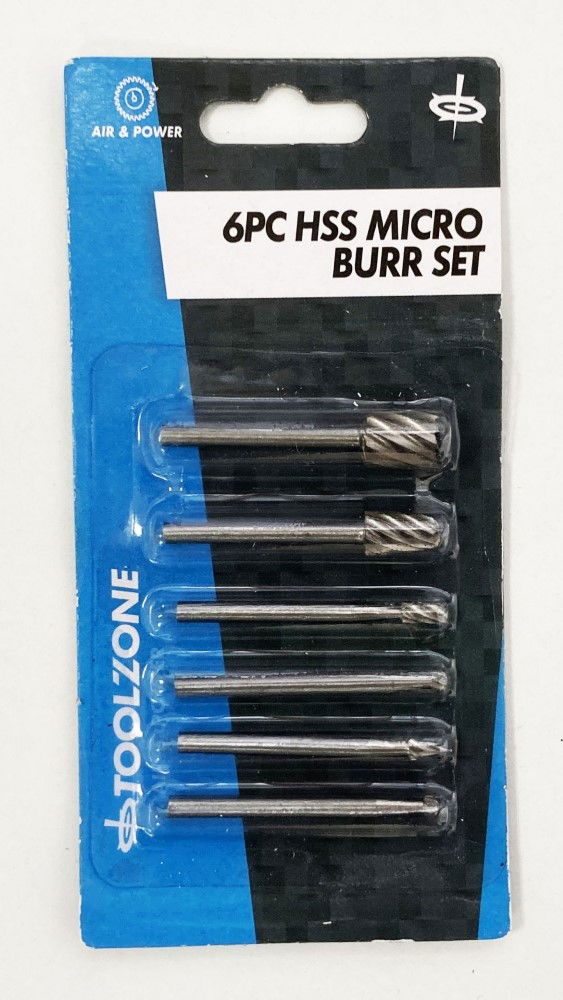 MICRO HSS BURR SET 6 PIECE 3.17mm SHANK 40mm LENGTH - TOOLZONE KDPHB191