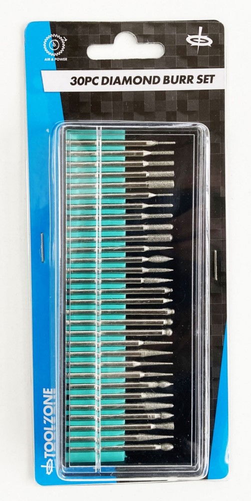 DEBURRING AND ENGRAVING SET 30pc 150GRIT DIAMOND 3.17mm SHANK 40-50mm LENGTH - TOOLZONE KDPHB265