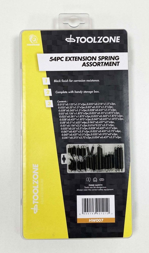 EXTENSION SPRING ASSORTMENT 54pc RUST RESISTANT SIZES 1.5" - TOOLZONE KDPHW007