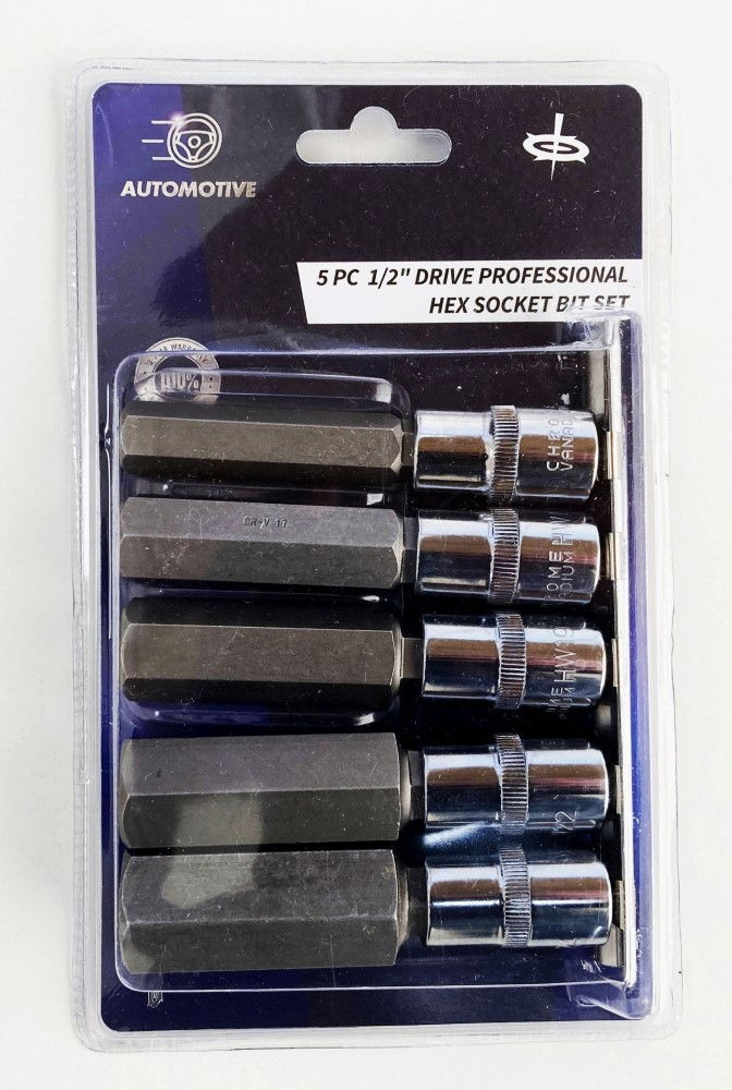 HEX BIT SET EXTRA LONG 1/2" DRIVE 5pc H14-H24 100mm CHROME VANADIUM - TOOLZONE KDPHX015
