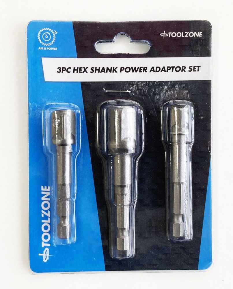 HEX SHANK POWER ADAPTOR SET 3PC 1/4" 3/8" 1/2" DRIVE - TOOLZONE KDPSD072