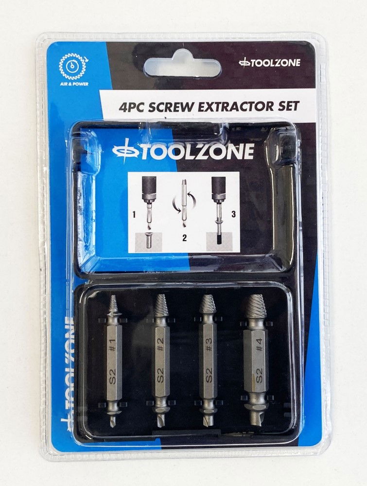 DOUBLE ENDED SCREW EXTRACTOR SET 4PC 1/4" HEX 3-12mm - TOOLZONE KDPSD093