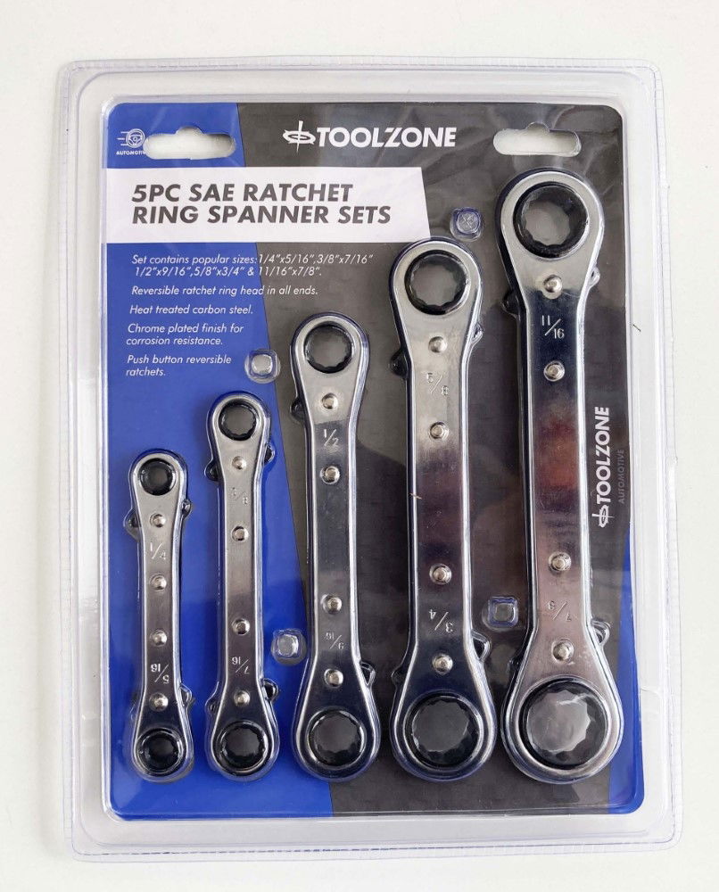 FLAT RATCHET RING SPANNER SET 5PC AF CHROME PLATED - TOOLZONE KDPSP030