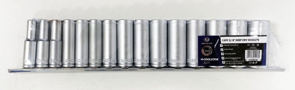 DEEP SOCKET SET 3/8" DRIVE 15pc 8-22mm CRV 6PT ON RAIL - TOOLZONE KDPSS009