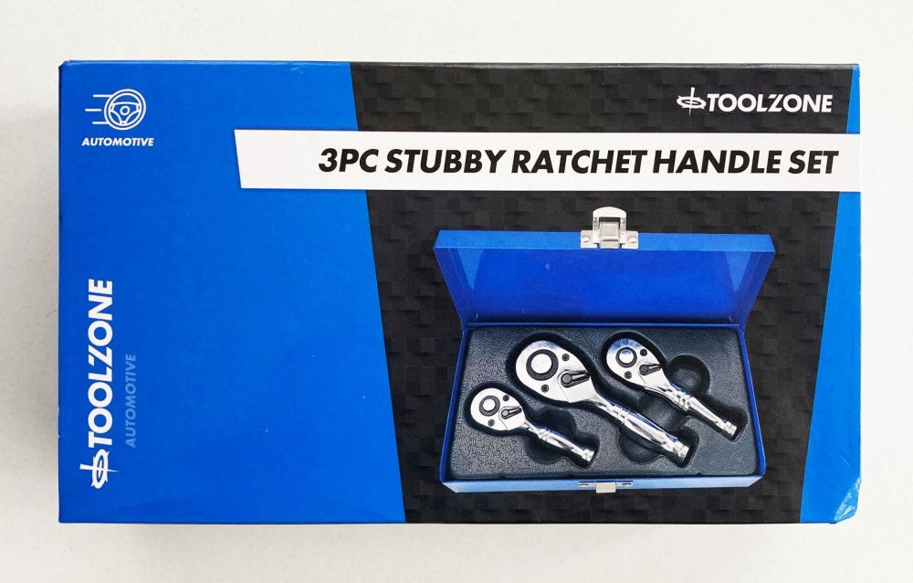STUBBY RATCHET HANDLE SET 3pc 1/4" 3/8" 1/2" DRIVE 72 TEETH CRV - TOOLZONE KDPSS015