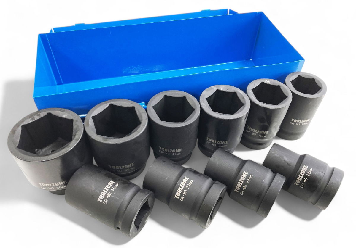 IMPACT SOCKET SET 1" DRIVE DEEP 10pc 22-50mm CHROME MOLYBDENUM - TOOLZONE KDPSS033