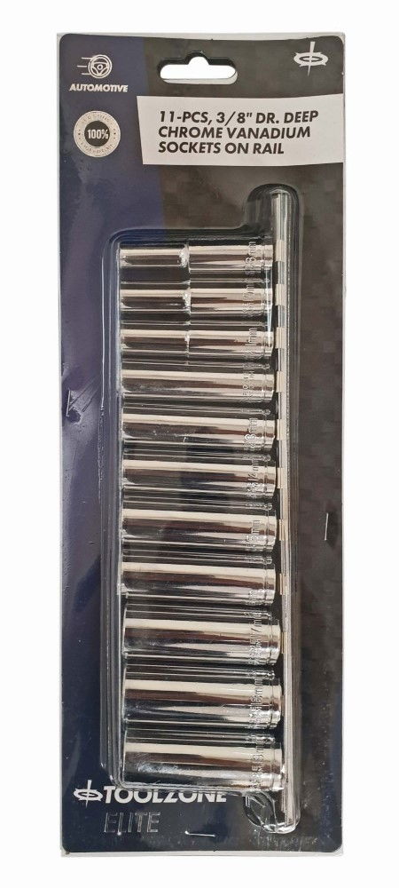 SOCKET SET 3/8" DRIVE DEEP CRV 11 PIECES 8-19mm SINGLE HEX - TOOLZONE KDPSS097