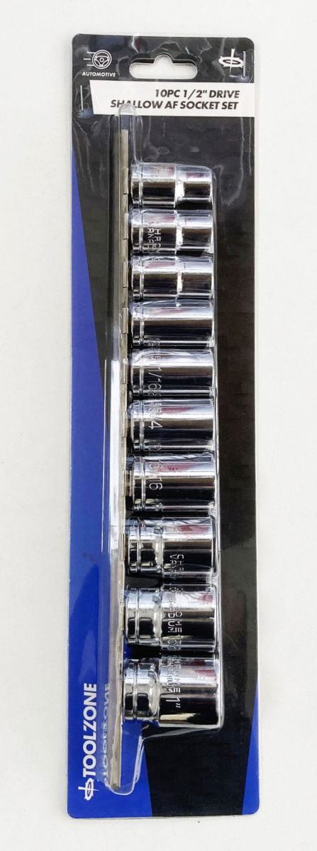 SOCKET SET SHALLOW 1/2" DRIVE AF 10 PIECES CRV POLISHED - TOOLZONE KDPSS208