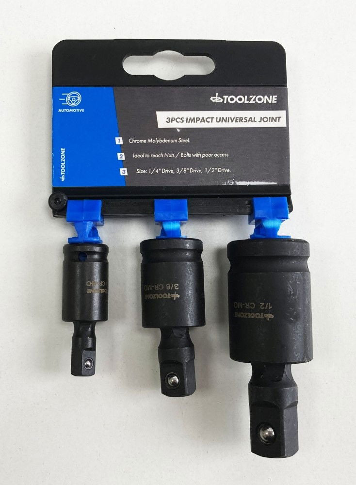 UNIVERSAL JOINT SET IMPACT 3 PIECES 1/4", 3/8", 1/2" CR-MO BLACK FINISH - TOOLZONE KDPSS227
