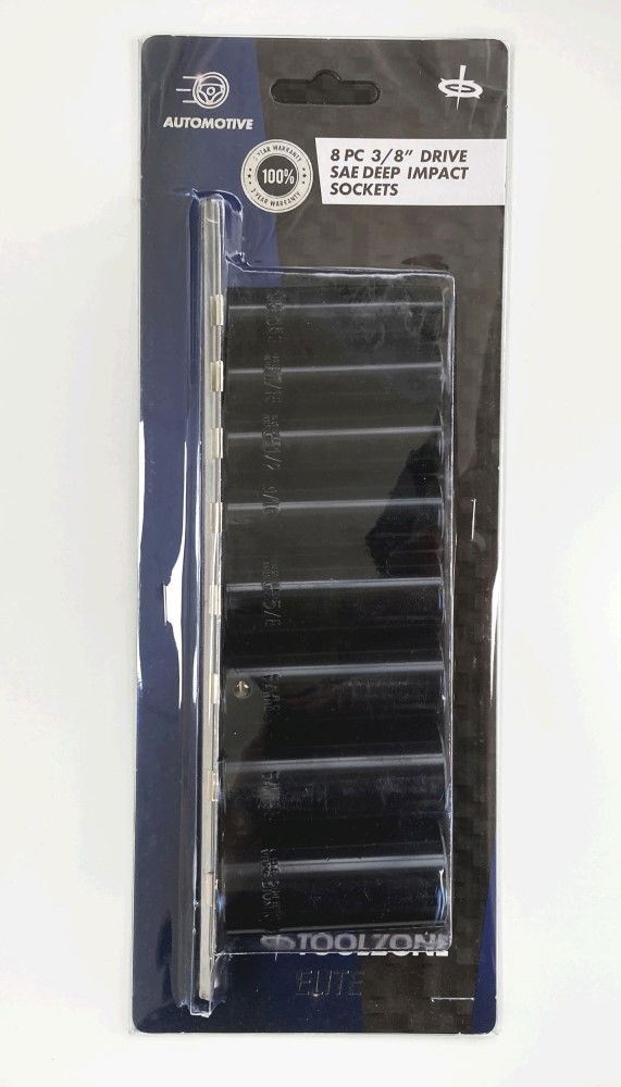 IMPACT SOCKET SET DEEP 3/8" DRIVE AF 8 PIECES 3/8"-13/16" CRV BLACK FINISH - TOOLZONE KDPSS233