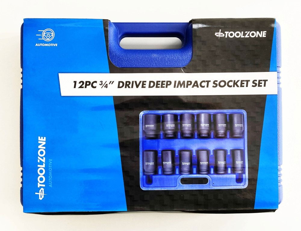 IMPACT SOCKET SET DEEP 3/4" DRIVE 12 PIECES 24mm-41mm CRV 80mm BLACK FINISH - TOOLZONE KDPSS235