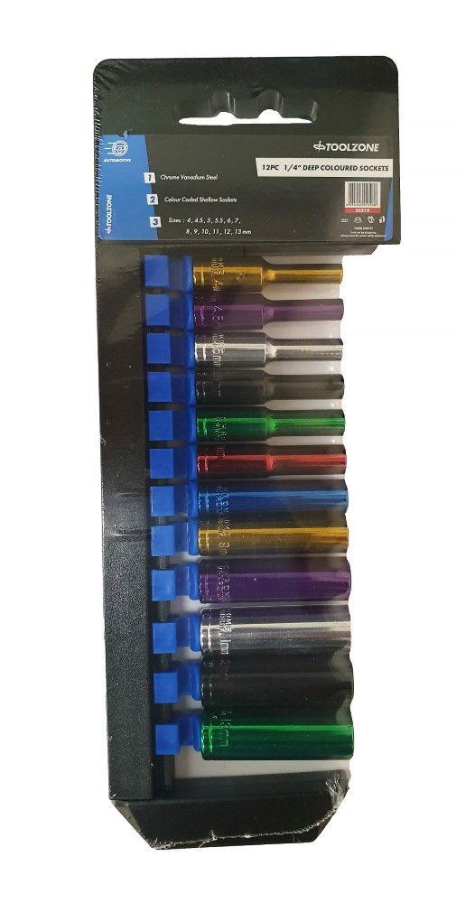 DEEP SOCKET SET 12 PIECES 1/4" DRIVE MM CRV COLOUR CODED 4mm-13mm - TOOLZONE KDPSS314