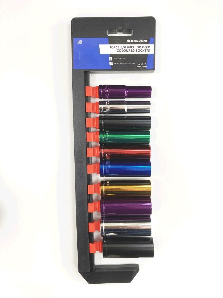 DEEP SOCKET SET 10 PIECES 3/8" DRIVE MM CRV COLOUR CODED 10mm-19mm - TOOLZONE KDPSS315