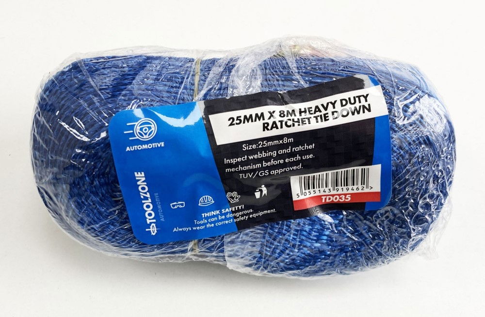 HEAVY DUTY RATCHET TIE DOWN 1" x 8m 400kg CAPACITY - TOOLZONE KDPTD035