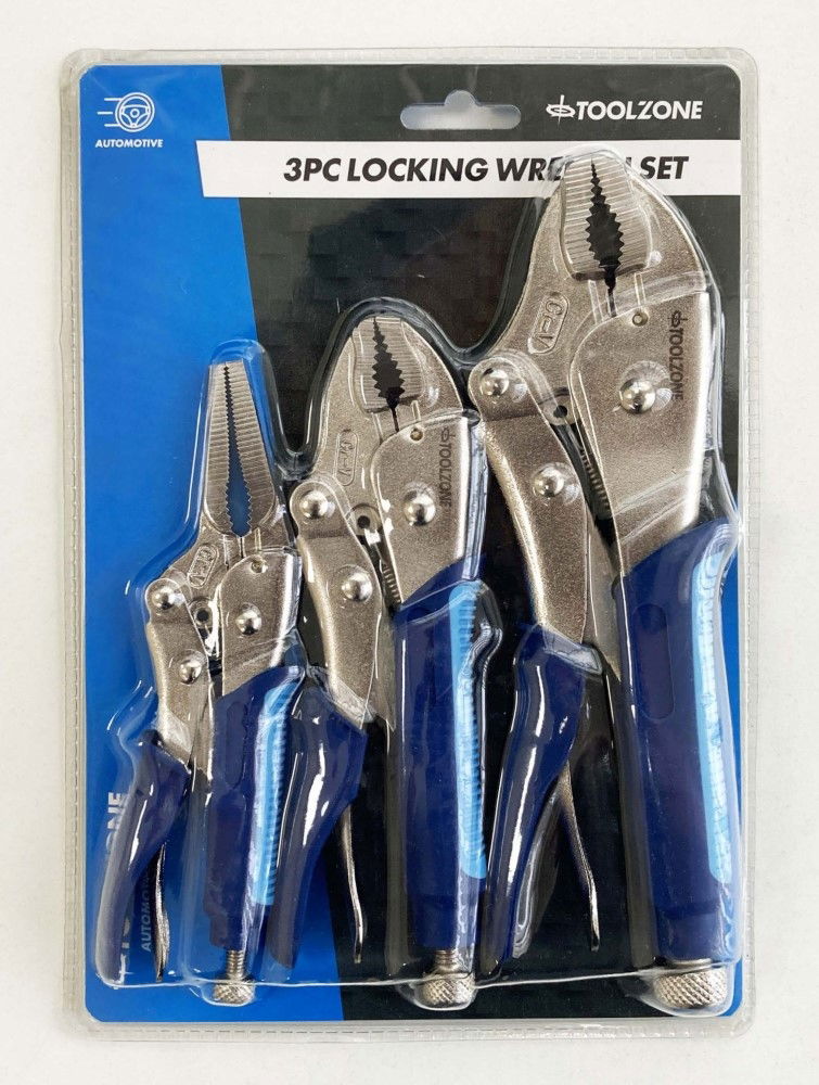 LOCKING PLIER SET 3 PIECE CRV SOFTGRIP 7" 10" CURVED JAW 6.5" LONG NOSE - TOOLZONE KDPWR174