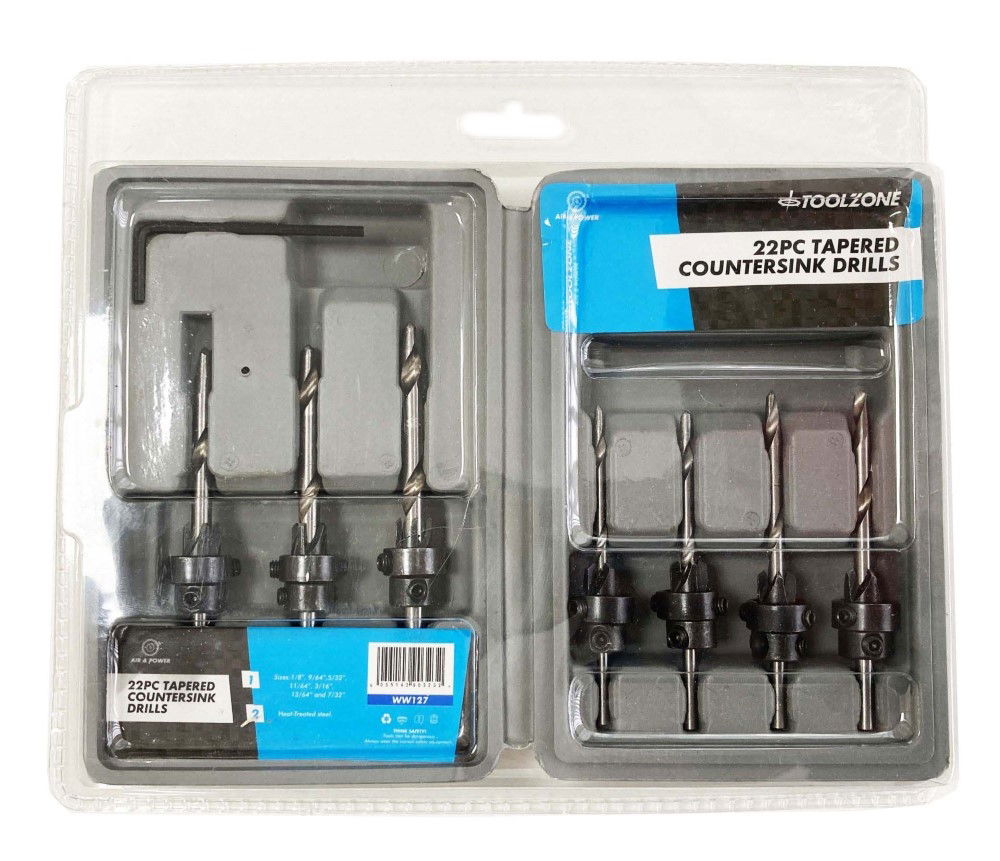 TAPERED COUNTERSINK DRILL SET 22PC HEAT-TREATED STEEL SIZES 1/8" TO 7/32" - TOOLZONE KDPWW127