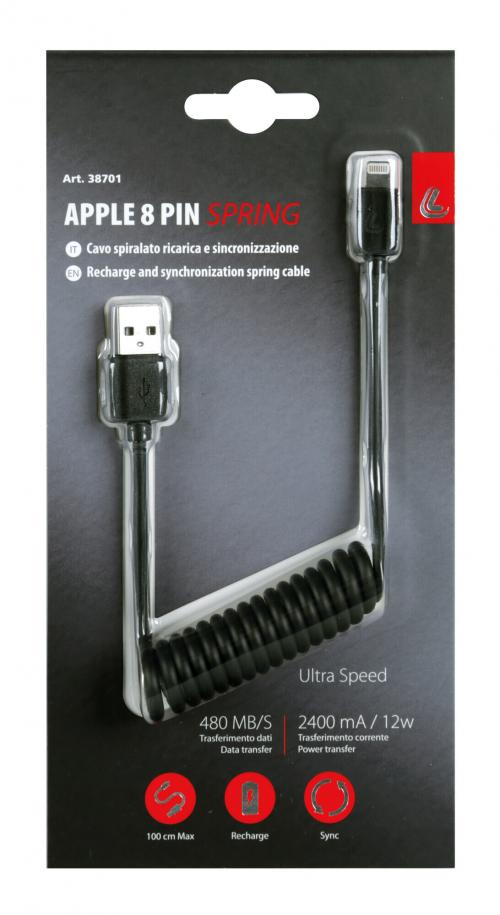 OPTILINE SPRING CABLE USB > APPLE 8 PIN-100 CM-BLACK