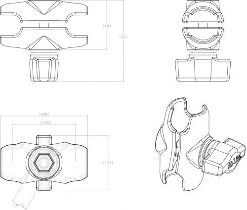 RAM MOUNTS DOUBLE SOCKET ARM FOR B SIZE 1" BALLS 16801365