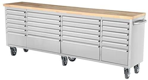 96" Brushed Stainless Steel 24 Drawer Tool Chest Solid Wooden Top