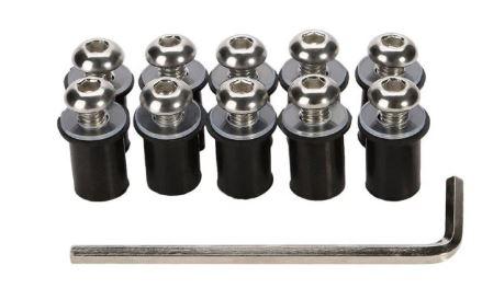 WINDSHIELD BOLT KIT SILVER M5 X 16mm (PACK OF 10) INCLUDES WASHERS AND WELL NUTS