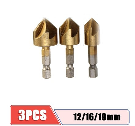 Counter Sink Drill Bit Set 1/4'' Hex Shank HSS 5 Flute 6mm-19mm 3PCS