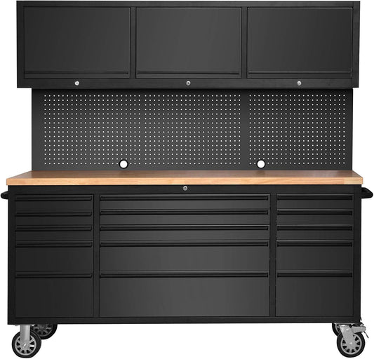 72" Matte Black Steel 15 Drawer Tool Chest with Solid Wooden Top, 3 Upper Cabinets and Peg Board