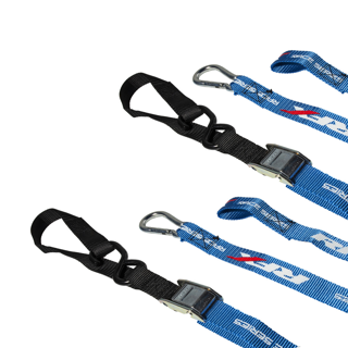 RFX Race Series 1.0 Tie Downs (Blue/White) with extra loop and carabiner clip