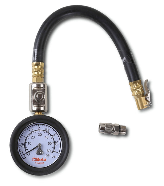 Tyre Pressure Tester 0-4 Bars with Shockproof Rubber Gauge and 290mm Hose - Beta Tools 1949M