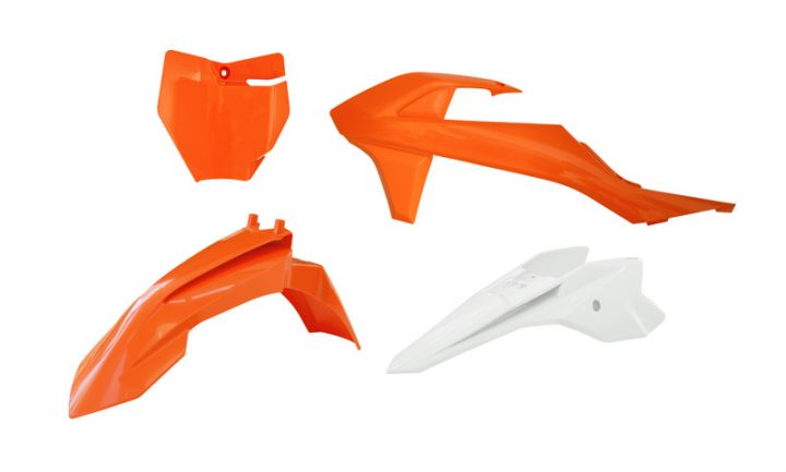 PLASTIC KIT/4 ORANGE/WHITE, KTM 50 SX 2016-23, SX-E 20-24, RTECH R-KITKTM-AR5-050