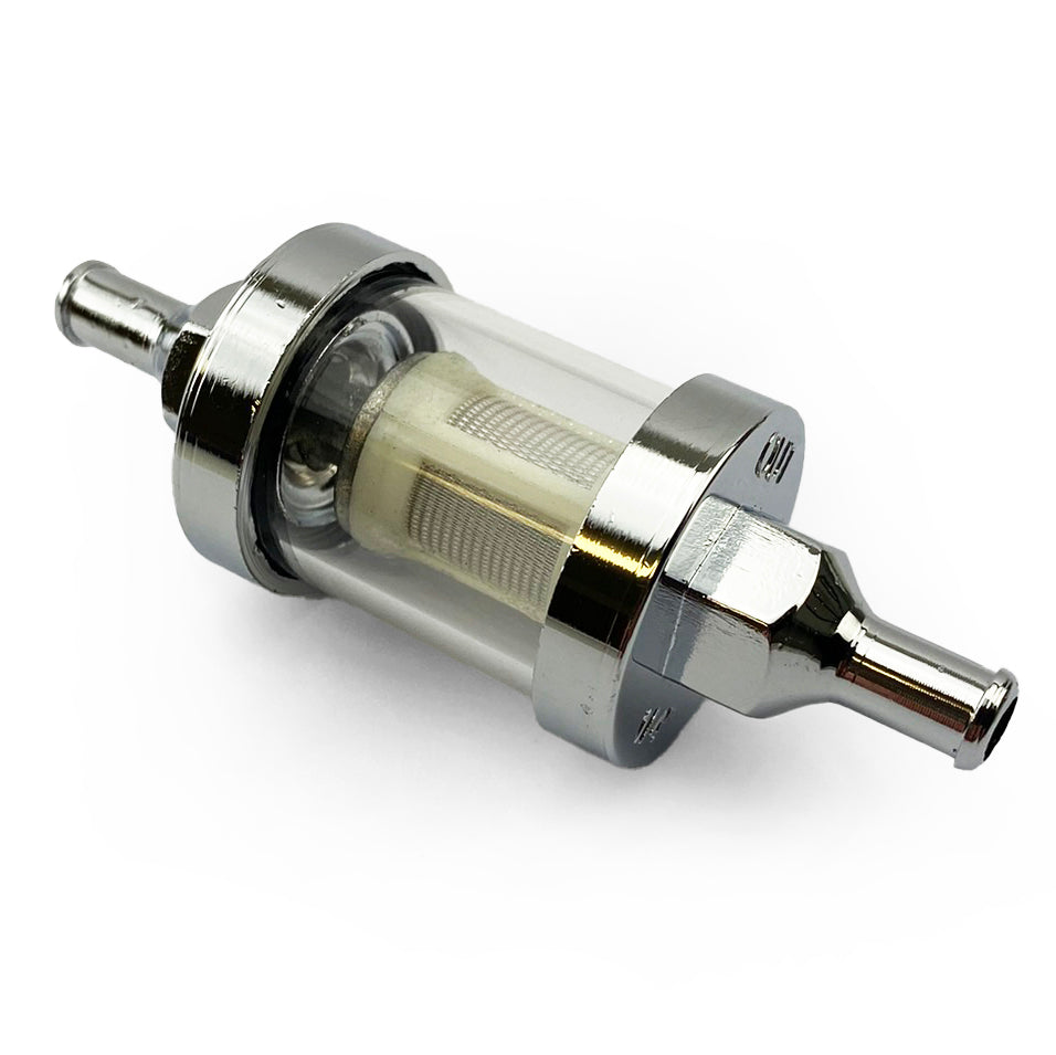 LARGE IN-LINE FUEL FILTER 6mm 1/4" WASHABLE GLASS CHROME ENDS