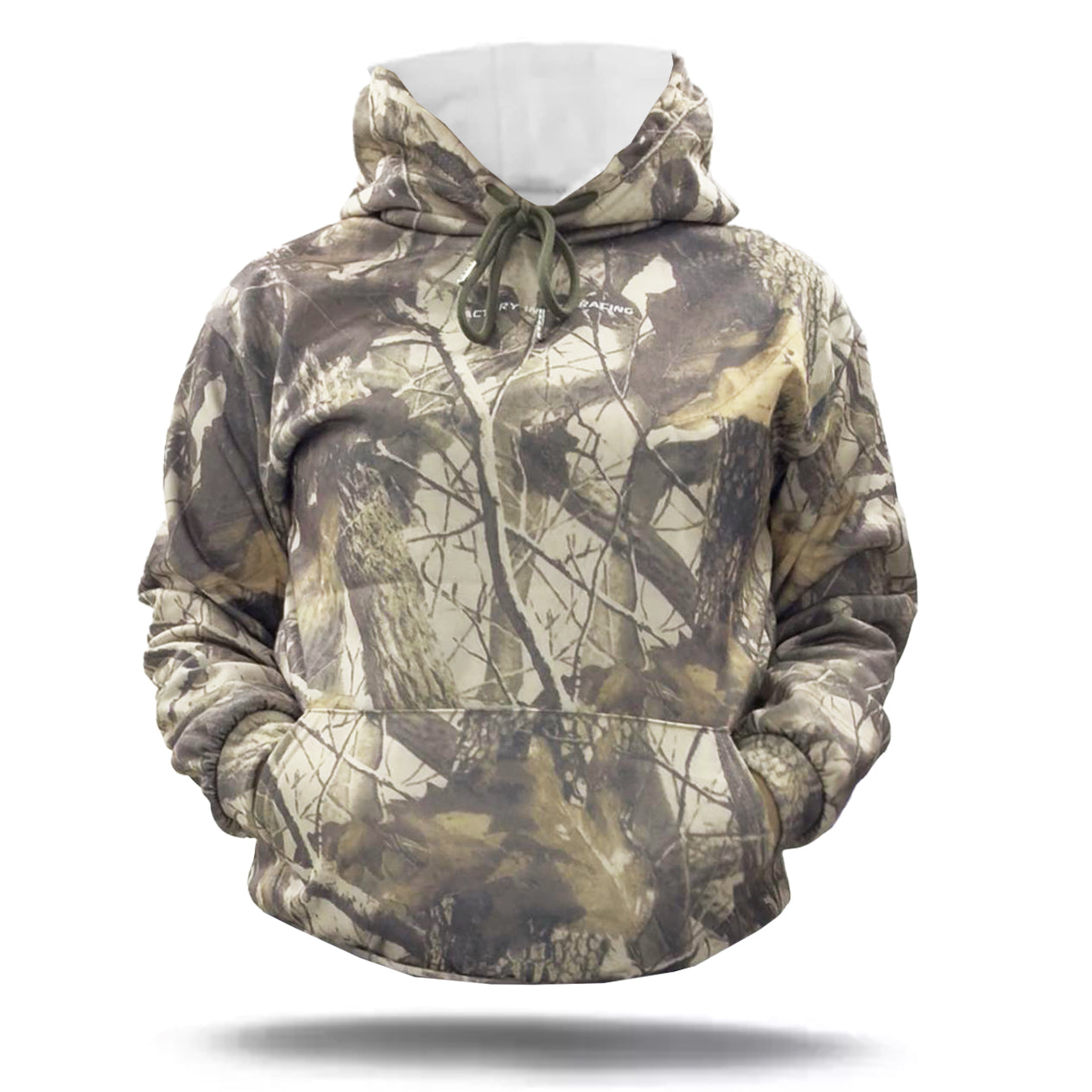 CAMO WITH WHITE TEXT UNISEX HOODIE - L