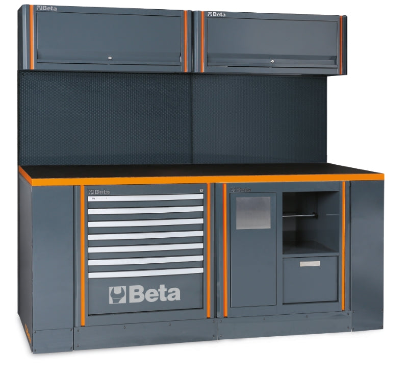 Workshop Workstation with Workbench, 7-Drawer Module, Service Module, Tool Wall System, 2 Suspended Cabinets, 2050x700mm Worktop - BetaRSC55 C55PB-PRO/7