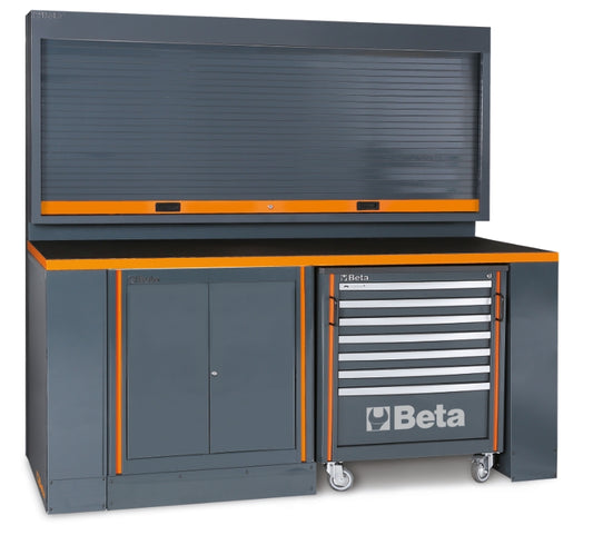 Workshop Workstation with Workbench, 7-Drawer Mobile Roller Cab, Two-Door Module, Tool Wall System with Shutter, 2050x700mm Worktop - BetaRSC55 C55PB-PRO/8