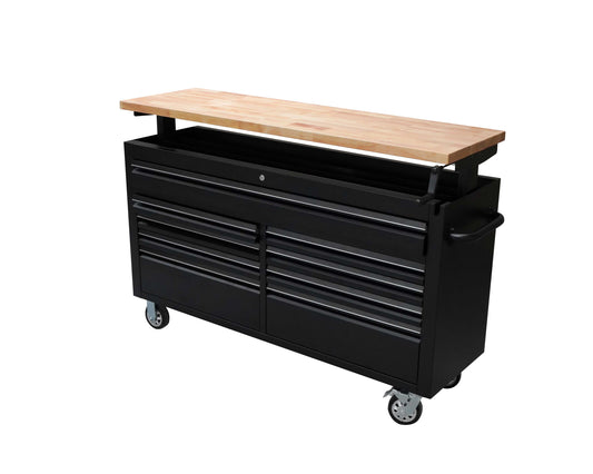 61" Black Powder Coated Steel 9 Drawer Tool Chest with Adjustable Height Solid Wooden Top