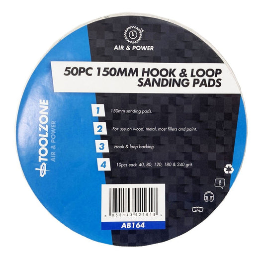 SANDING PADS HOOK AND LOOP 50 PIECES 150mm 40 80 120 180 240 GRIT - TOOLZONE KDPAB164