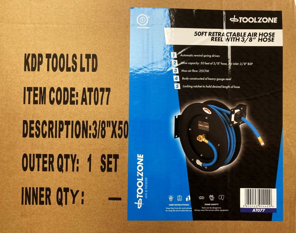 RETRACTABLE AIR HOSE ON REEL 3/8" x 50ft INLET/OUTLET 3/8" bsp WORKING PRESSURE 300 psi - TOOLZONE KDPAT077