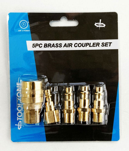 BRASS QUICK AIR COUPLER SET 5pc 1/4" npt INCLUDES FEMALE COUPLER CONNECTOR 3 MALE CONNECTORS - TOOLZONE KDPAT085