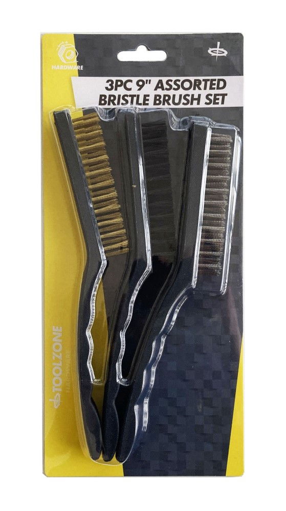 BRISTLE BRUSH SET 3PC 9" ASSORTED BRASS NYLON STEEL - TOOLZONE KDPBR050
