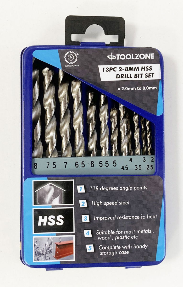DRILL BIT SET 13PC HSS 2-8mm IN STORAGE TIN - TOOLZONE KDPDR027